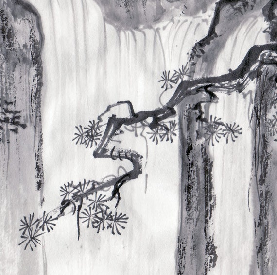 Original Sumie Painting Waterfall Japanese art