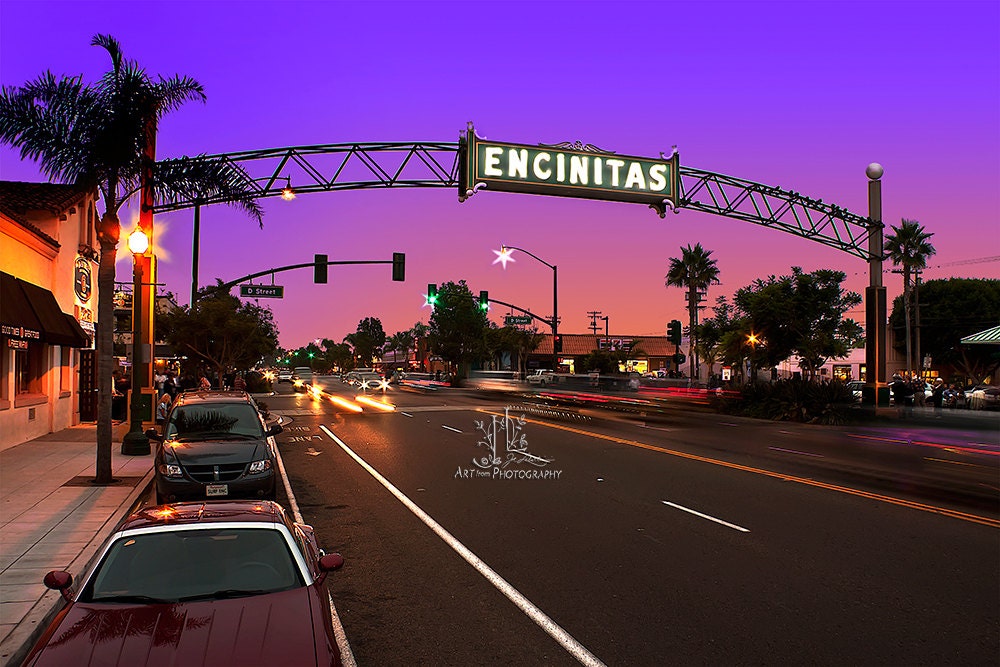 8x12 Photo of Downtown Encinitas CA. The summer sunset is