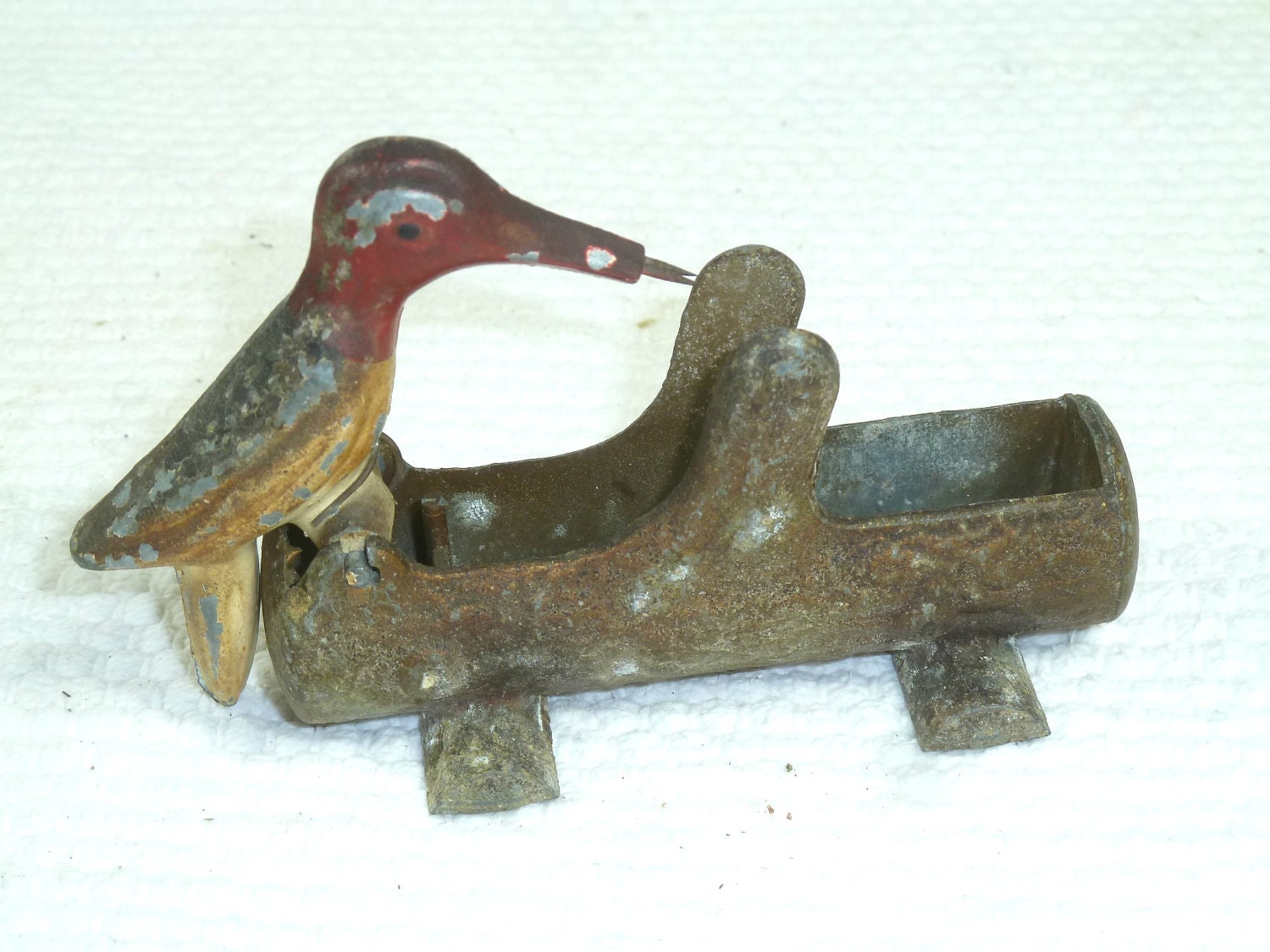 Vintage Cast Iron Metal Woodpecker Toothpick Holder