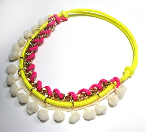 Neon cords pompom necklace by Beh1ndByMK on Etsy
