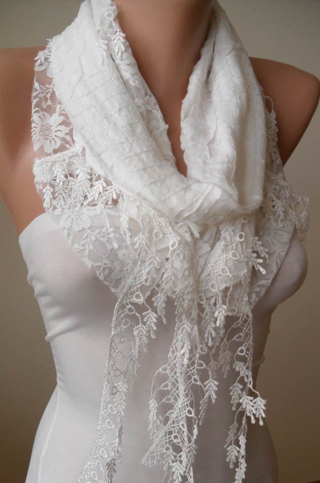 White Cotton and Lace Scarf with White Trim Edge Lace Scarf