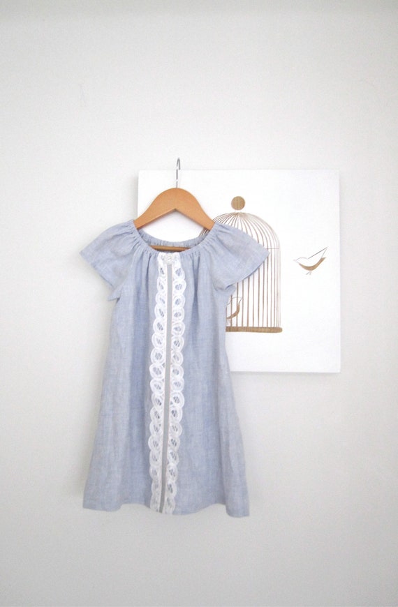 Linen Girls Dress-blue with white cotton lace and a vintage