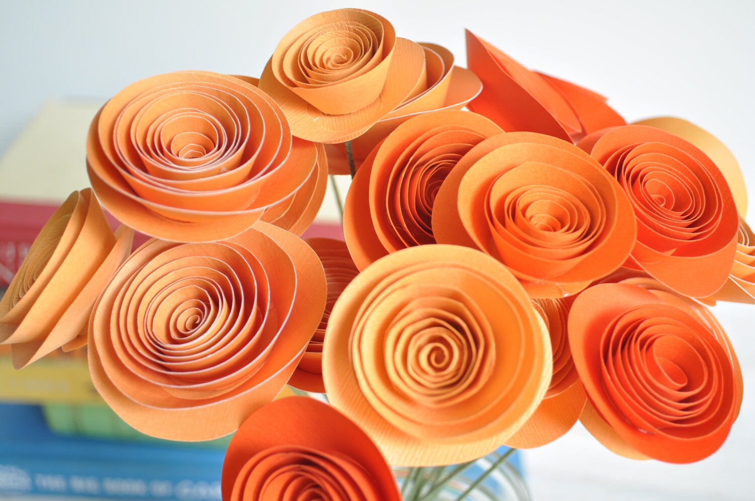 24 Orange Paper Flowers on Stems Bouquet of Paper by lillesyster