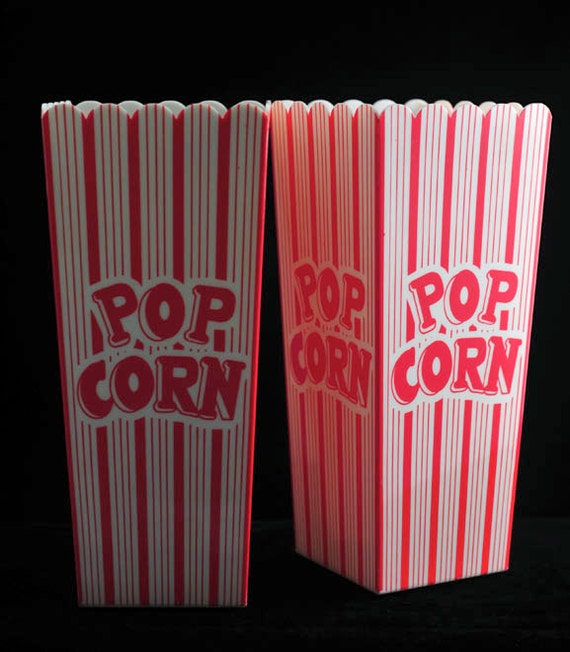 Pair Red and White Striped Plastic Popcorn Containers Vintage