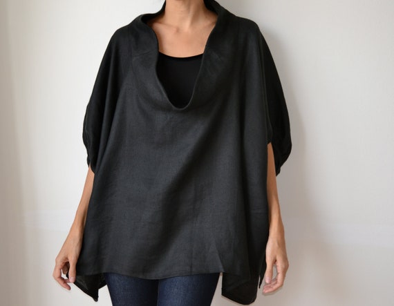 Black linen smock frock / top. Plus size and by MuguetMilan
