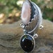 Stunning Vintage Navajo Sterling Silver Leaf Ring with Onyx and Pink Mother of Pearl