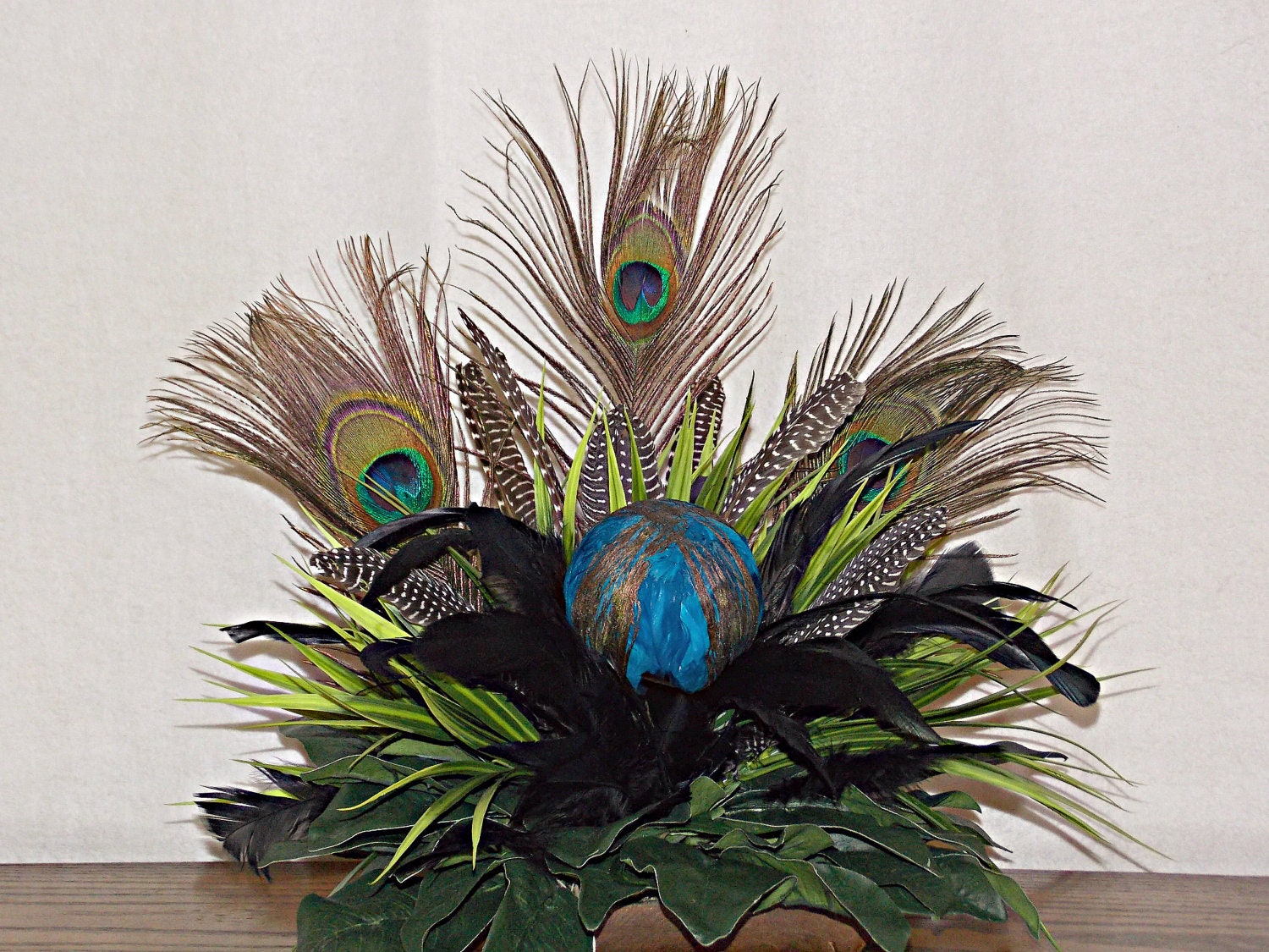 Peacock Feather Floral Arrangement with Guinea Feathers Black