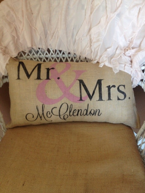 Personalized burlap mr and mrs pillow personalized pillow