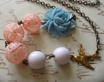 SALE - Unique blue rose nature garden necklace, flower necklace, charm necklace, pendant necklace, spring necklace, bird necklace