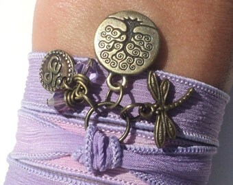 Tree of Life Dragonfly Silk Wrap Bracelet Yoga Jewelry Om Namaste Purple Bohemian Jewelry Earthy Unique Gift Under 50 Item Z21