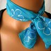 Small Turquoise Silk Scarf. Silk Necklace Hand Dyed. 6x24 Hand Painted Aqua Silk Necklace With Sky Blue & Silver Flowers. Silk Scarflette.