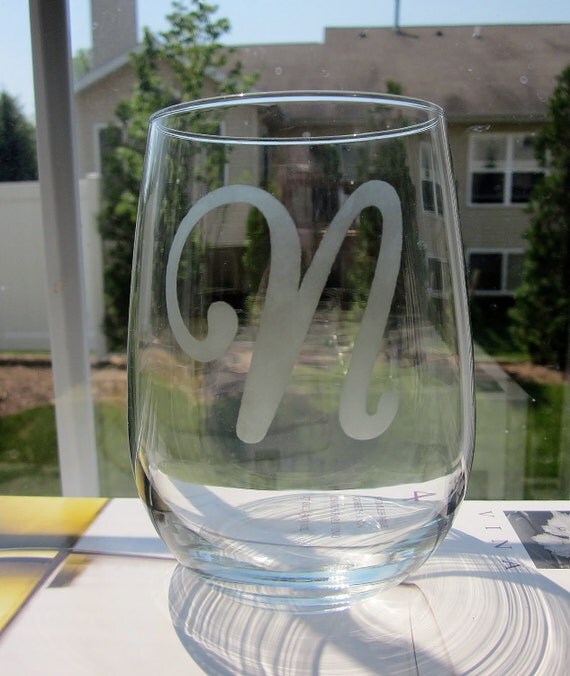 Etched Stemless Wine Glasses 1 Initial by Etchergirls on Etsy