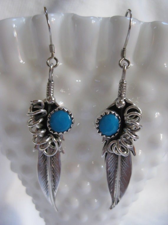 Sterling Silver Feather Turquoise Earrings By OldNewBlueThings