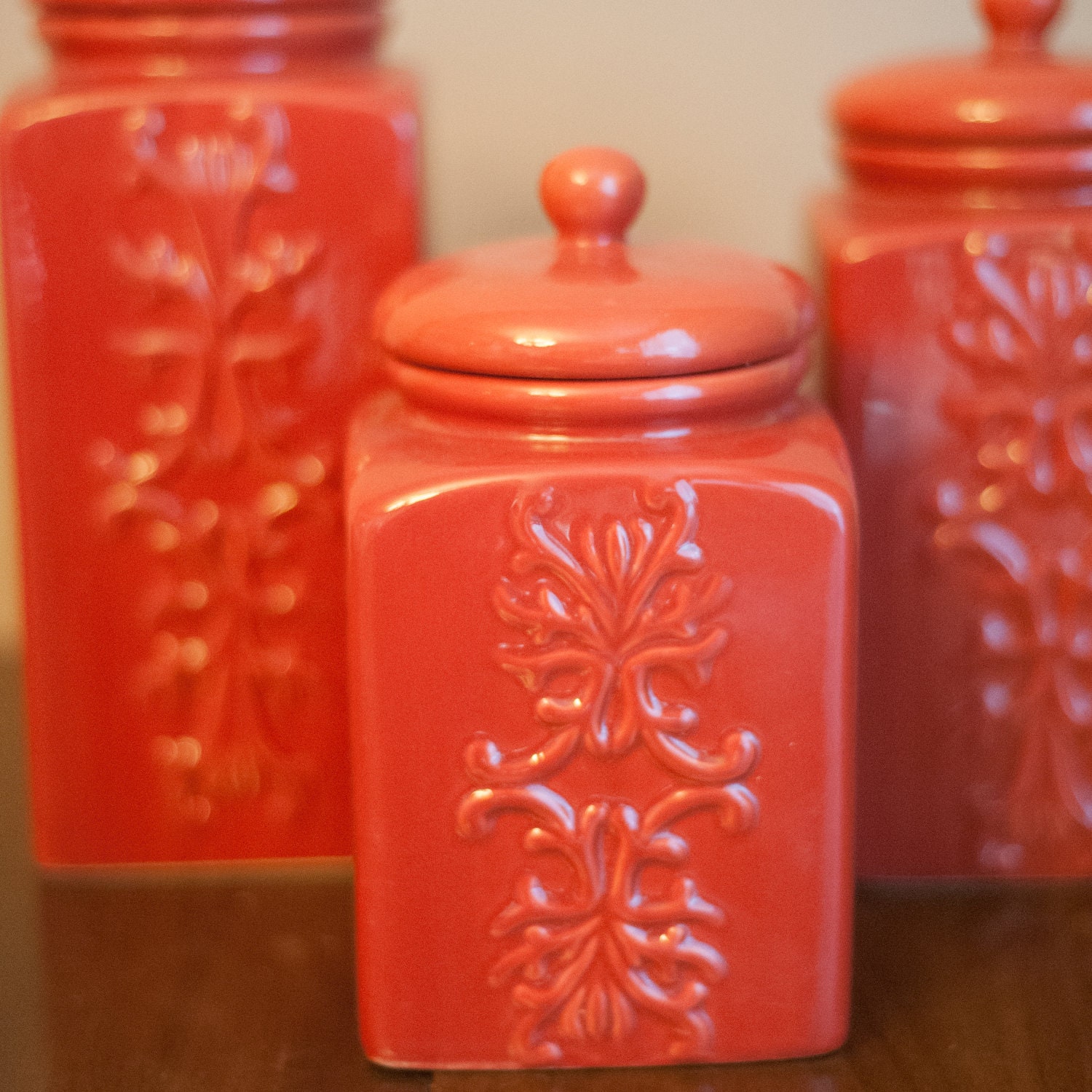 Set of vintage coral ceramic canisters Chinoiserie kitchen