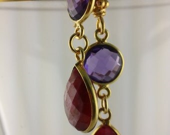 Faceted Raw Ruby and Amethyst Earrings