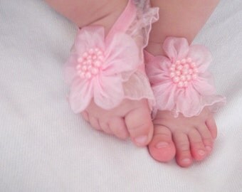 Pink Flower Baby Barefoot Sandals - Baby Sandals - Barefoot Sandals-Handmade Baby Sandals with Cute Yoyo