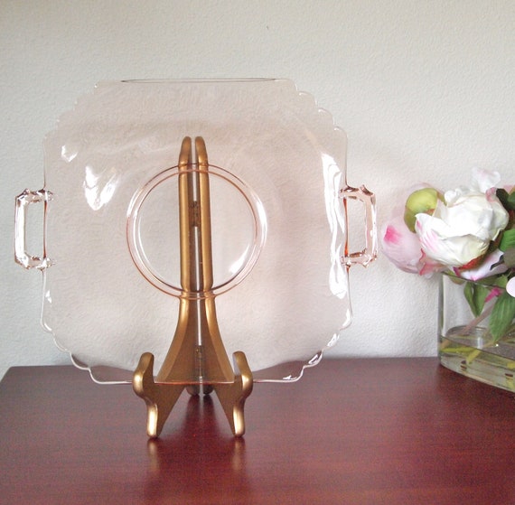 Pink Depression Glass Square Serving Plate with Handles