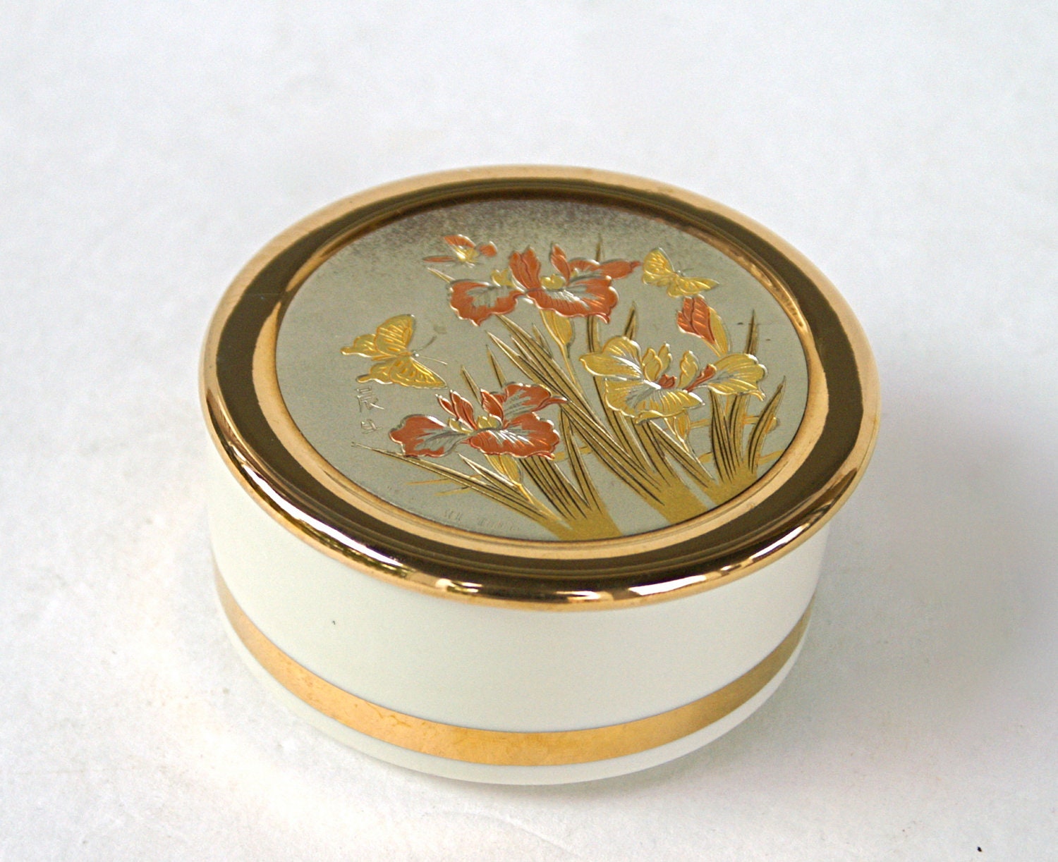 Vintage Chokin Jewelry Trinket Box Round Porcelain with Gold