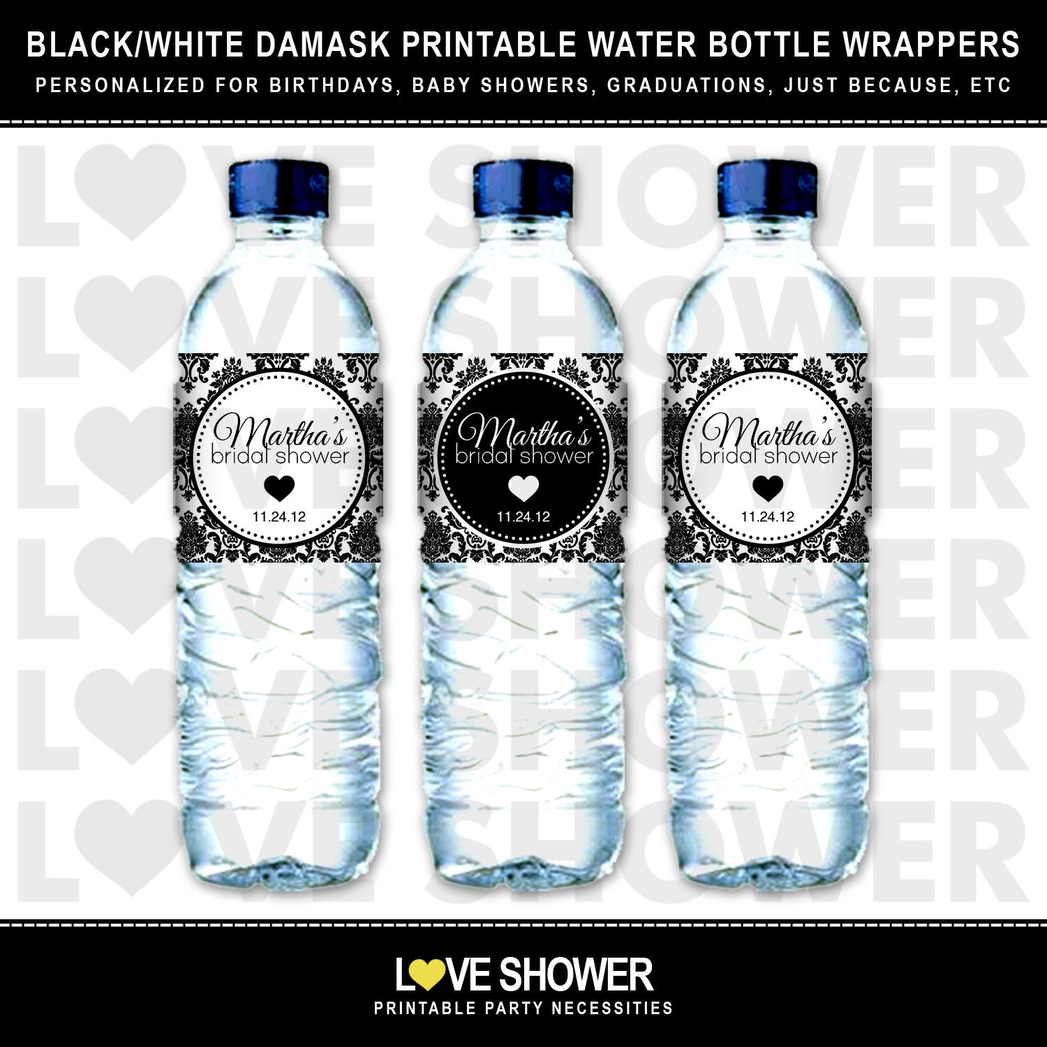 Black and White Damask Printable Water Bottle Wrappers Labels