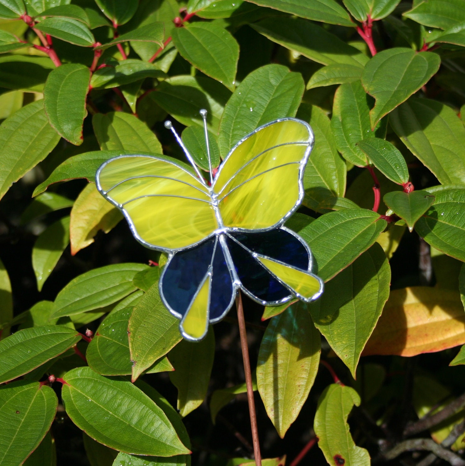 Stained Glass Butterfly Garden Ornament Yellow and Royal Blue