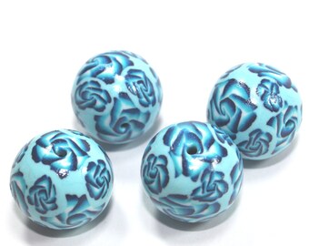 Round beads in blue, turquoise and white, rose pattern beads, Polymer clay beads, set of 4 elegant beads