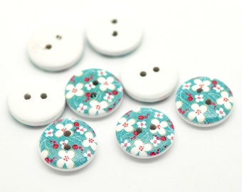 100 White Painted Floral Wood Button Two Hole (Design no.11) 15mm - 100 Pack WPB08