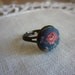 Handmade Fabric-Covered Dark Blue and Pink Floral Adjustable Ring (Antique Bronze colour)