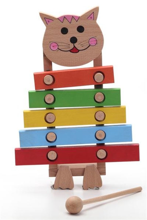 Handcrafted wooden cat xylophone natural organic by woodenplay