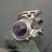 Purple amethyst sterling silver ring, large, wrap around style, more than one stone, ornate flowing floral botanical style, size 10 or 11