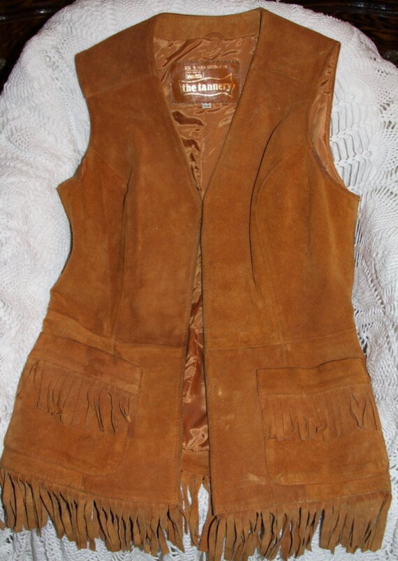 Womens Brown Leather Vest Fringe Montgomery Ward Biker Hippie