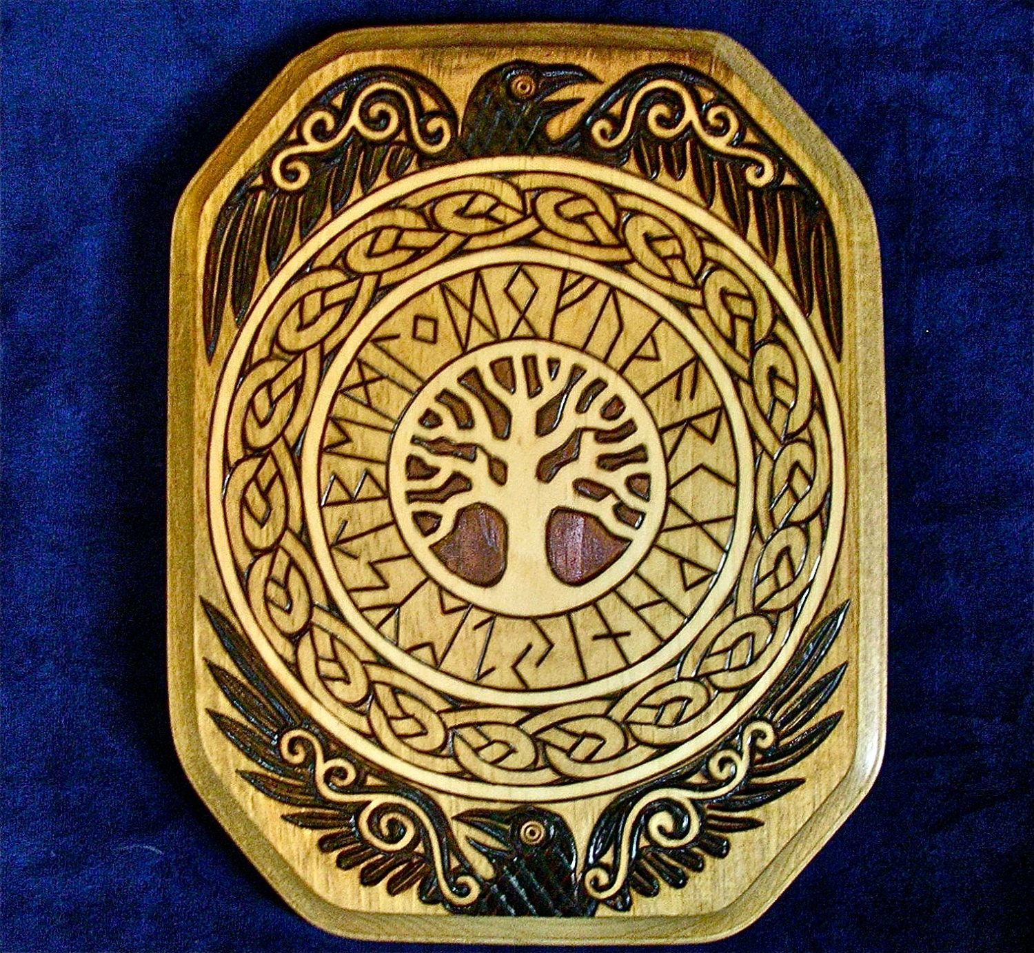 RESERVED. Runes Ravens and Yggdrasil Wood Plaque with Viking