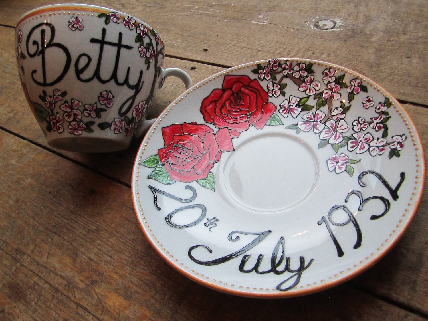 Hand painted birthday tea cup and saucer by LindseyKingPaints