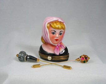 Vintage Hand Painted Lady Hat Vase Limoges Box from France. Includes Free Gift Box