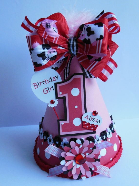 Items similar to Red and Pink Barnyard Cutie Birthday Party Hat ...