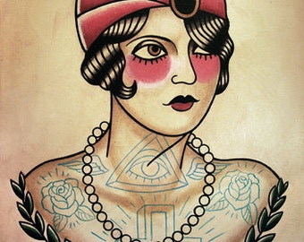 Fortune Teller Flapper Traditional Tattoo Flash