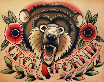 California Bear Old School Tattoo Flash