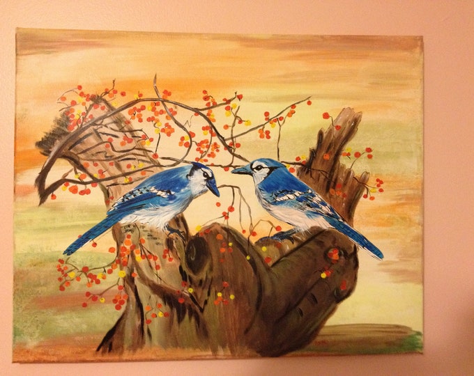 2 Blue Jays on a 16 x 20 Canvas then framed with a wood frame