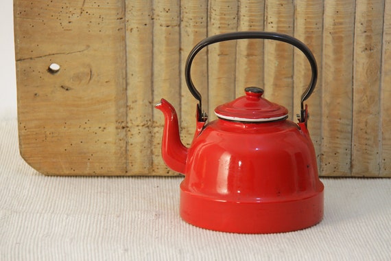 Vintage Classic Red Enamel Teapot Tea Kettle Made in