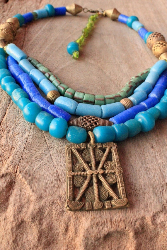 African beaded necklace in BlueGreen with handmade Ghana