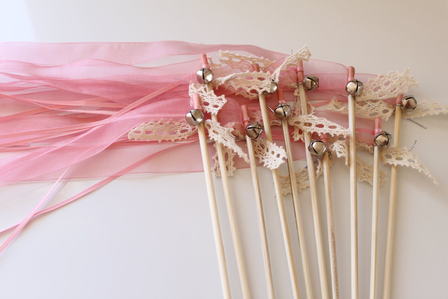 Pink Organza Wedding Wands Set of 10 with Lace Ribbon