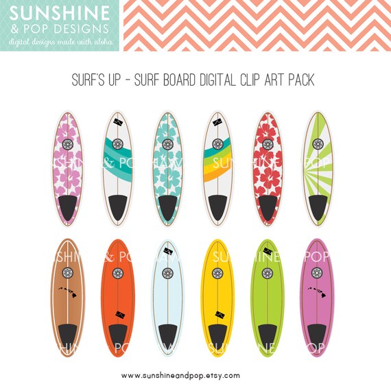 12 Surfboard Digital Clip Art Pack - INSTANT DOWNLOAD Hawaiian Surf's Up - for scrapbooking, cards, stationary, invitations, party decor Il_570xn