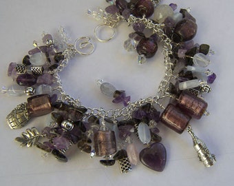 Amethyst, Smokey Quartz, Lace Agate, Silver & Crystals Bracelet