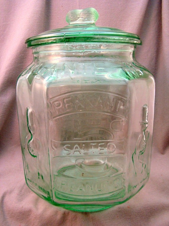 Vintage Green Glass PLANTERS PEANUTS JAR Large Store Counter
