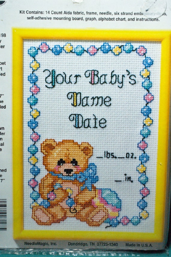 Counted cross stitch kit framed birth announcement 5x7