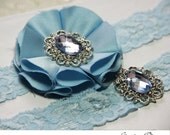 Lace Wedding Garter Set, Something Blue Bridal Garters, Stretch Lace, Handmade Fabric Flower and Crystal brooch