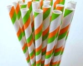 Paper Straws--100 ORANGE and GREEN Stripe Paper Straws: Orange and Green Tailgates, Carnival Party, Circus Party, Diy Flags Il_170x135