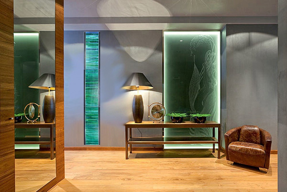 Painting Abstract Emerald green long vertical wall art on