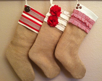 Shabby Chic Burlap Christmas Stocking: Red and White Collection