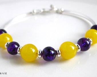 LSU Bracelet, Purple & Yellow Glass Beads, Silver Curved Tubes, Beaded Bangle Bracelet
