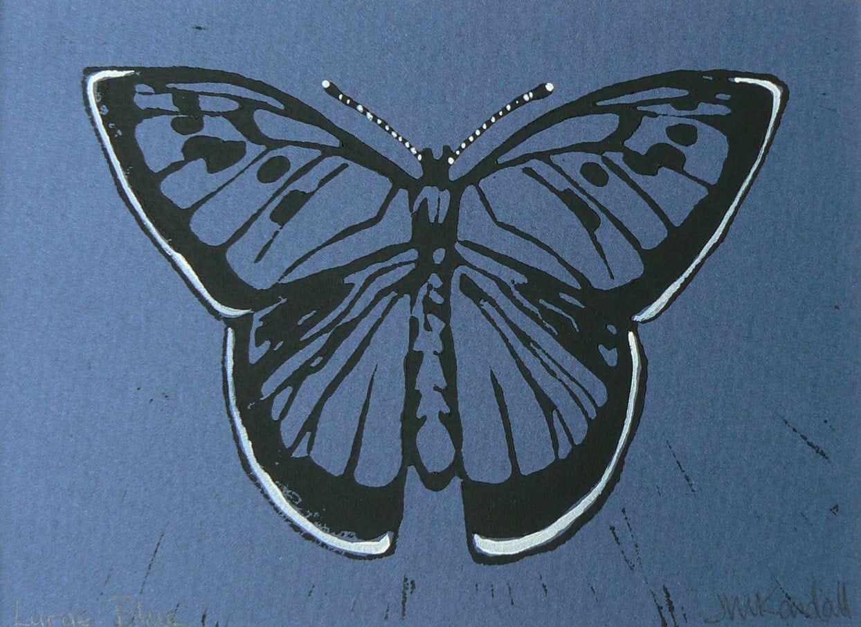 Large Blue Butterfly Lino cut print by StripedPebble on Etsy